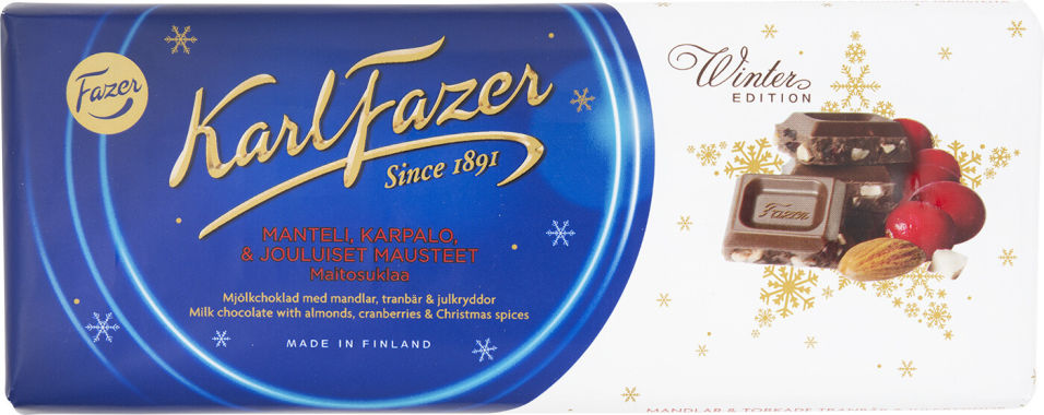 Шоколад Karl Fazer молочный с миндалем сушеной клюквой крошкой печенья и рождественские специи 200г