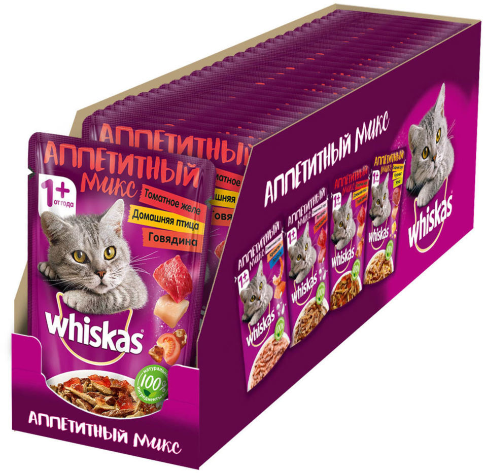 Корм для кошек Whiskas Аппетитный микс томатное желе домашяя птица говядина 85г (упаковка 24 шт.)