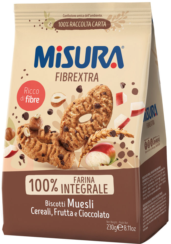 Печенье Misura Fibrextra со злаками кусочками шоколада и фруктами 230г