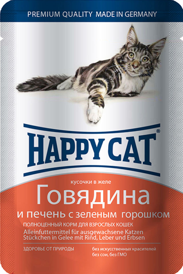 Корм для кошек Happy Cat Говядина и печень с зеленым горошком 100г Корм для кошек Happy Cat Говядина и печень с зеленым горошком 100г