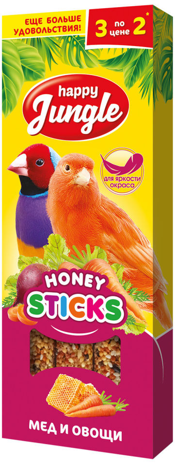 Лакомство для птиц Happy Jungle Палочки для канареек и экзотов 3шт 90г 129₽