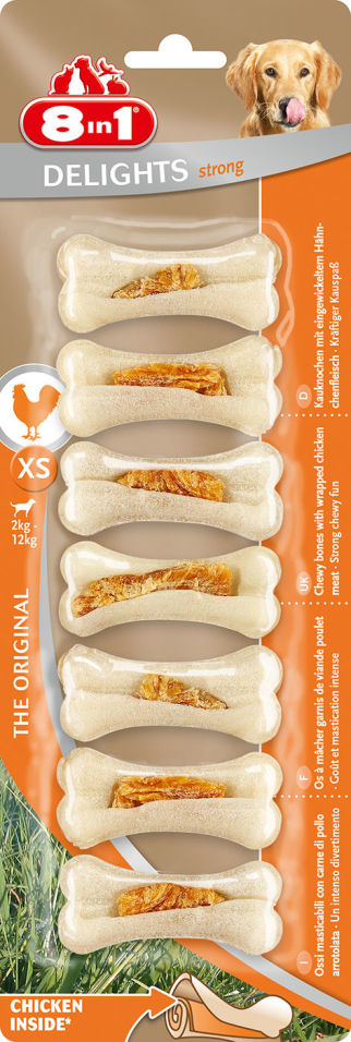 Лакомство для собак 8 in 1 Delights Strong XS Косточки 7шт*7.5см Лакомство для собак 8 in 1 Delights Strong XS Косточки 7шт*7.5см
