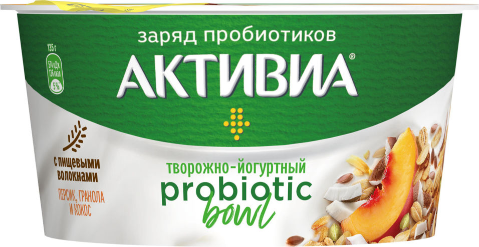 Продукт творожный Активиа Probiotic boul Персик гранола кокос 3.5% 135г