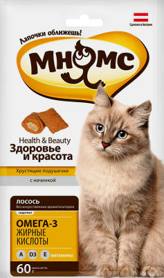 Лакомство для кошек Мнямс хрустящие подушечки Здоровье и красота с лососем 60г