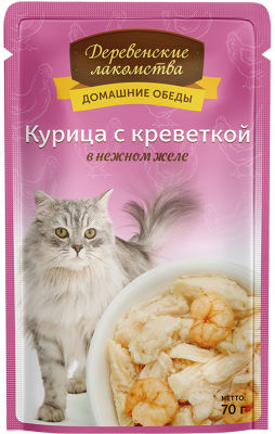 Корм для кошек Деревенские лакомства Курица с креветкой в нежном желе 70г